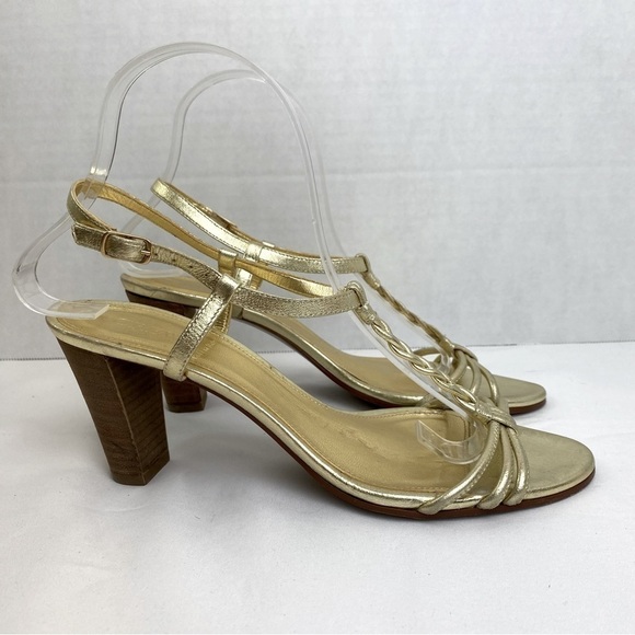 J. Crew “Paige” Metallic Gold Strppy Leather Braided Chunky Heel - Picture 1 of 14
